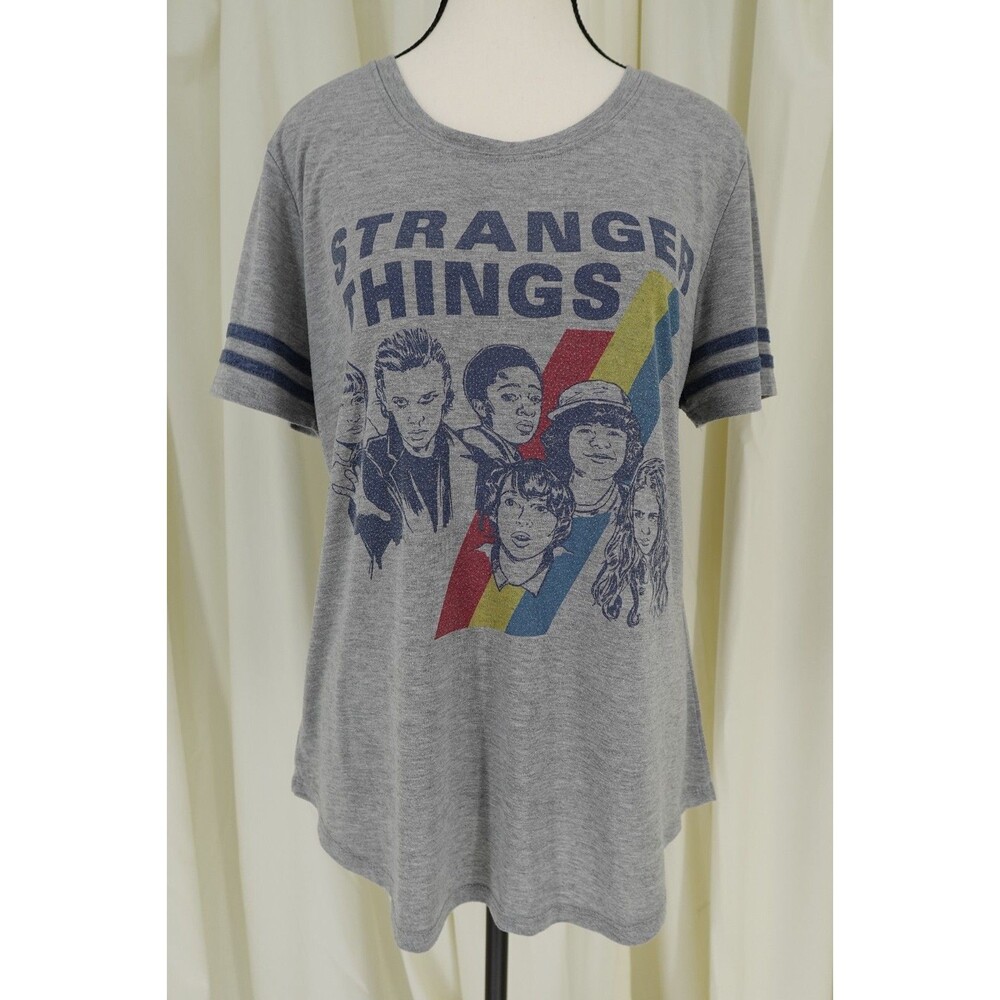 Stranger Things Show Characters Women's Heather Gray Jersey Stripe T-Shirt SZ U